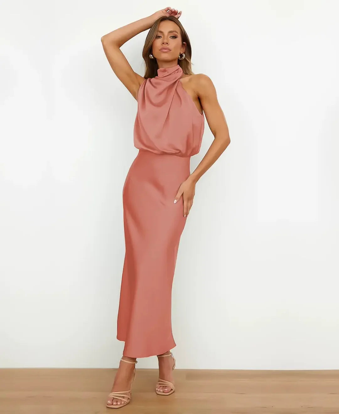 Women's Satin Halter Neck Midi Dress – Formal Sleeveless Evening Dress