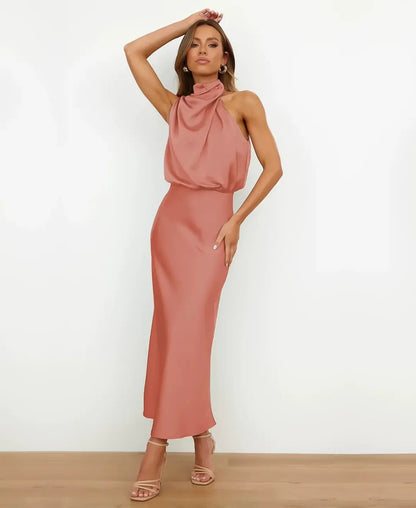 Women's Satin Halter Neck Midi Dress – Formal Sleeveless Evening Dress