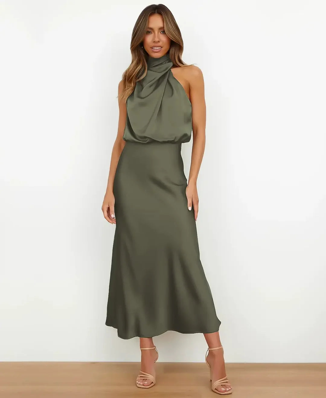 Women's Satin Halter Neck Midi Dress – Formal Sleeveless Evening Dress