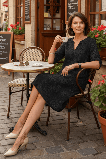 Floral Embossed V-Neck Dress – Relaxed Fit Knee-Length Summer Dress