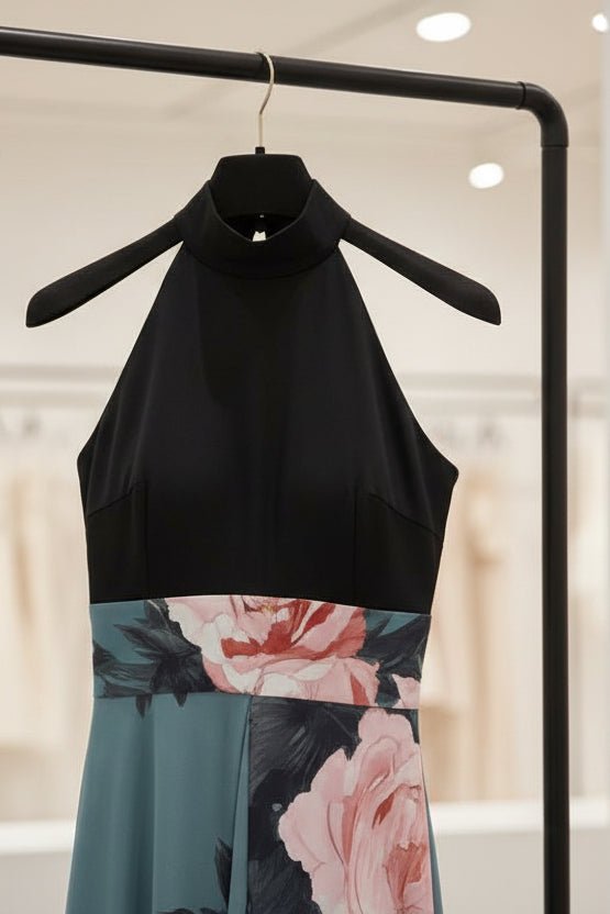 Floral Halter Maxi Dress – Black Bodice Teal A-Line Wedding Guest