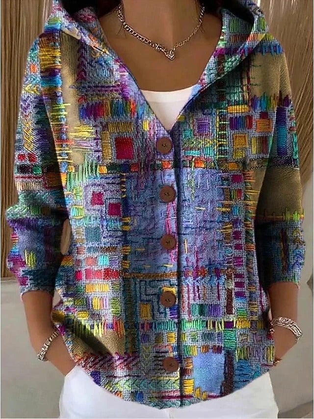 Printed Long Sleeve Hooded Cardigan – Button-Front Women's Jacket