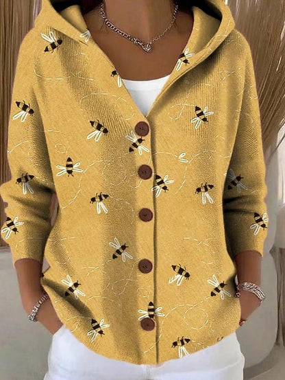 Printed Long Sleeve Hooded Cardigan – Button-Front Women's Jacket
