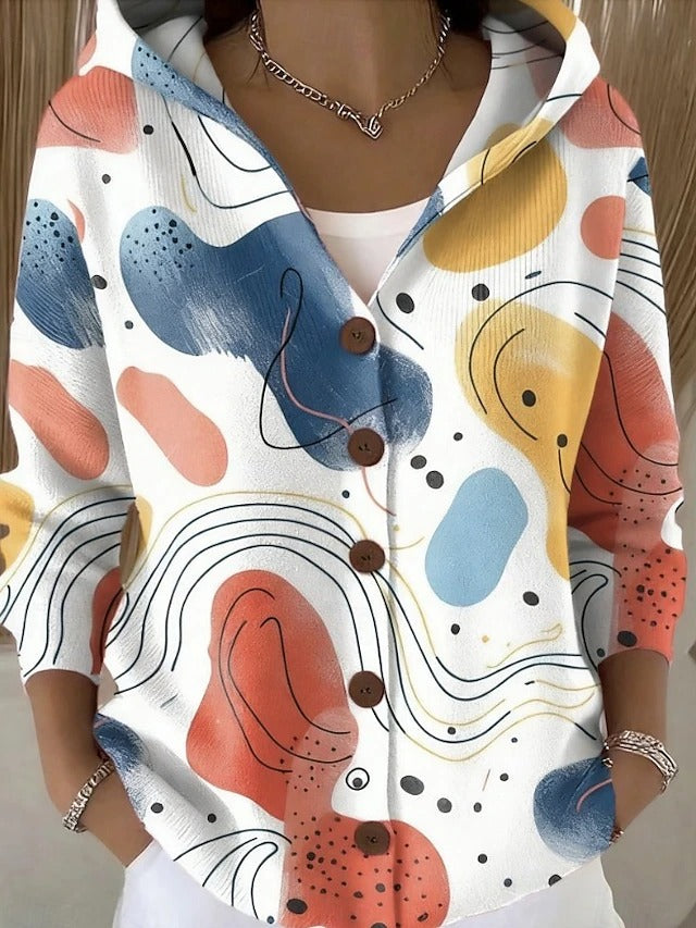 Printed Long Sleeve Hooded Cardigan – Button-Front Women's Jacket