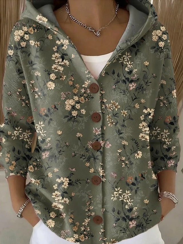 Printed Long Sleeve Hooded Cardigan – Button-Front Women's Jacket