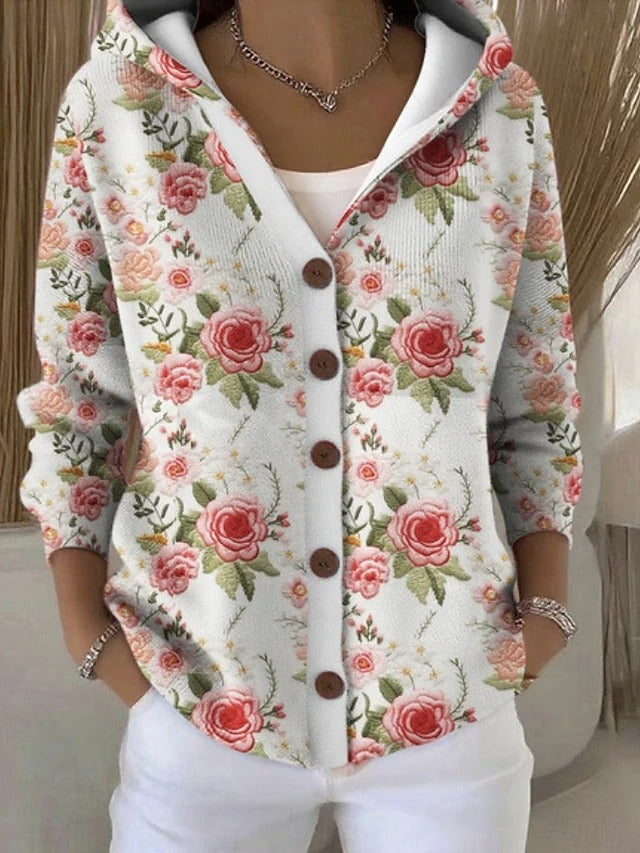 Printed Long Sleeve Hooded Cardigan – Button-Front Women's Jacket