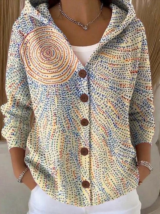 Printed Long Sleeve Hooded Cardigan – Button-Front Women's Jacket