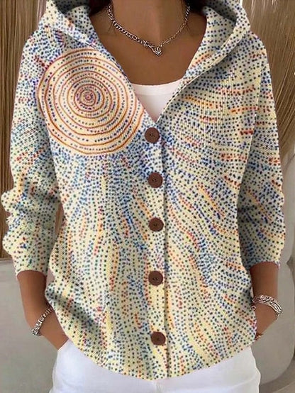 Printed Long Sleeve Hooded Cardigan – Button-Front Women's Jacket