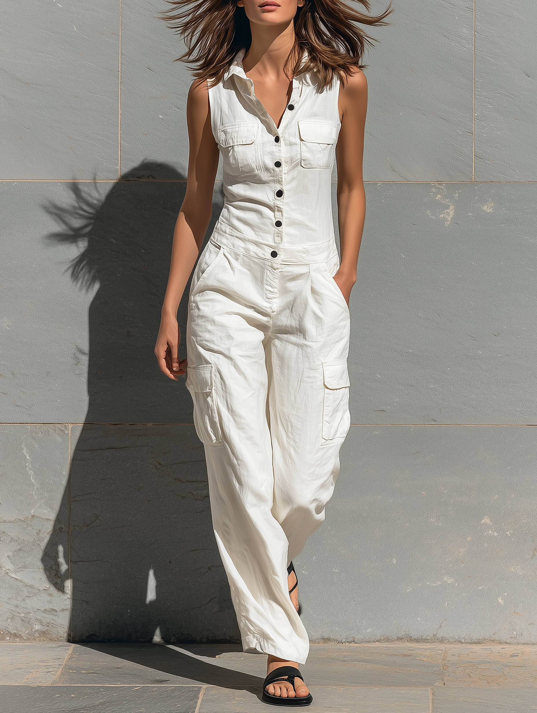 Linen Cargo Jumpsuit – Sleeveless Button-Front Wide-Leg