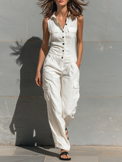 Linen Cargo Jumpsuit – Sleeveless Button-Front Wide-Leg
