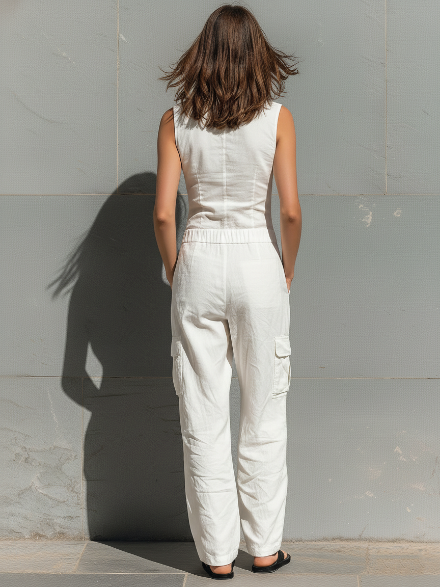 Linen Cargo Jumpsuit – Sleeveless Button-Front Wide-Leg