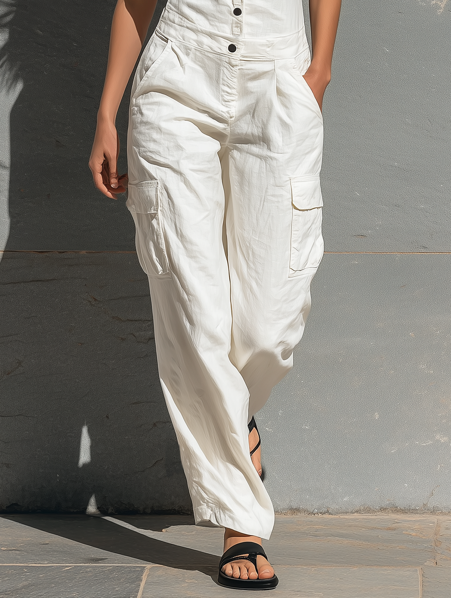 Linen Cargo Jumpsuit – Sleeveless Button-Front Wide-Leg
