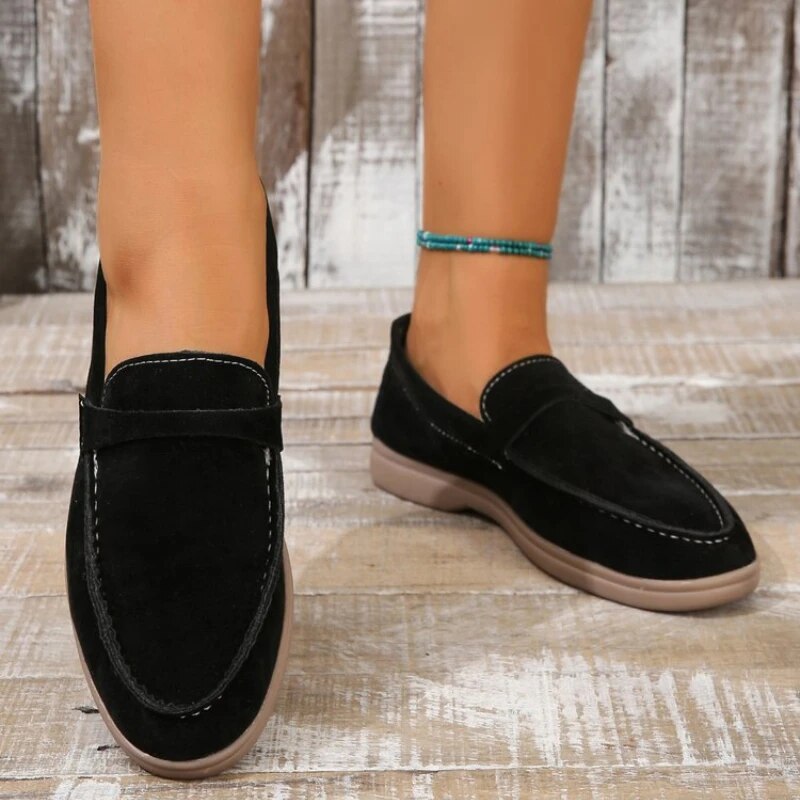 Suede Slip-On Loafers – Women's Flat Casual Moc-Toe Shoes