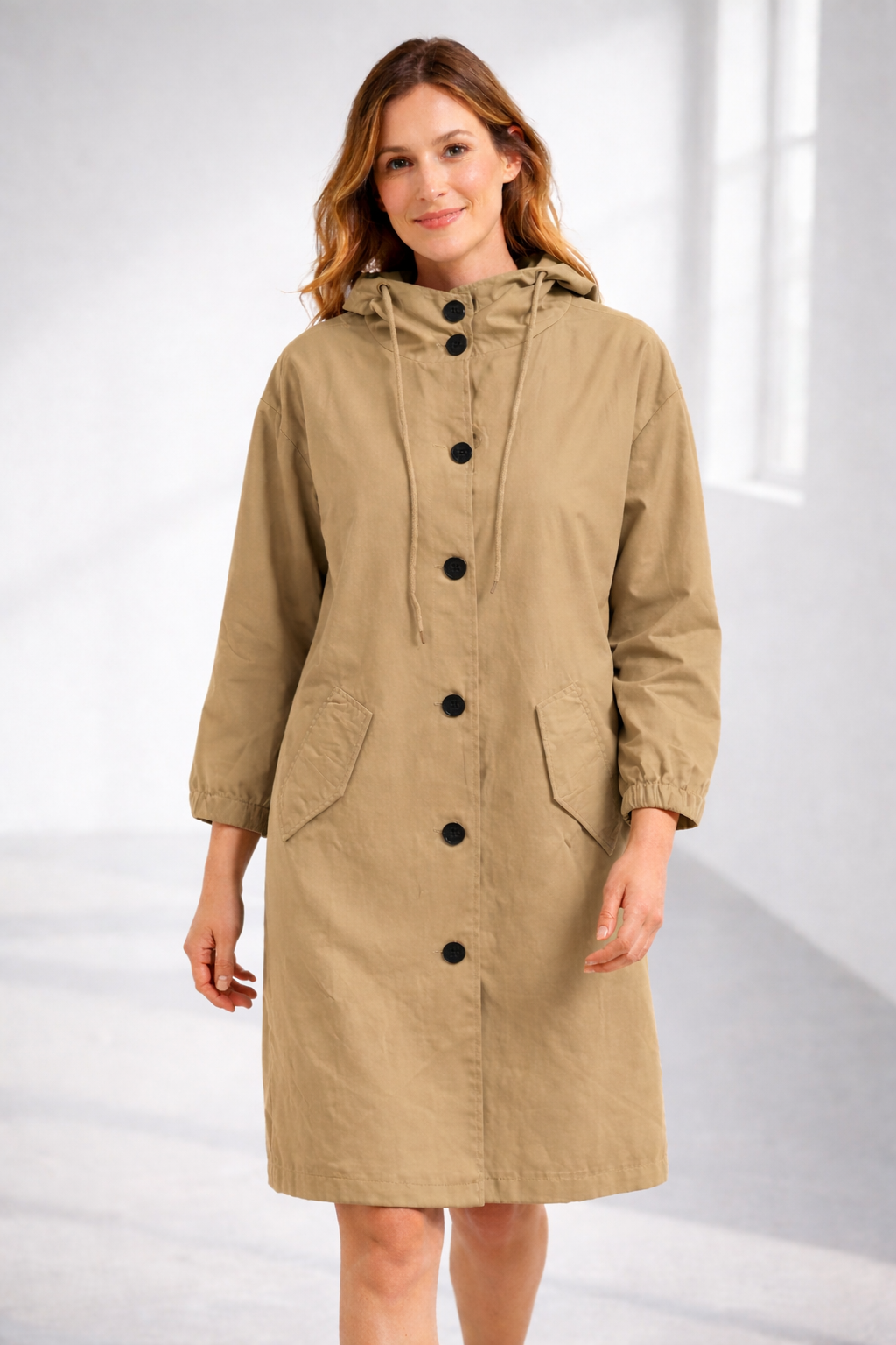 Button-Front Hooded Rain Coat – Knee-Length Loose Fit