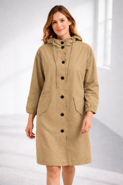 Button-Front Hooded Rain Coat – Knee-Length Loose Fit