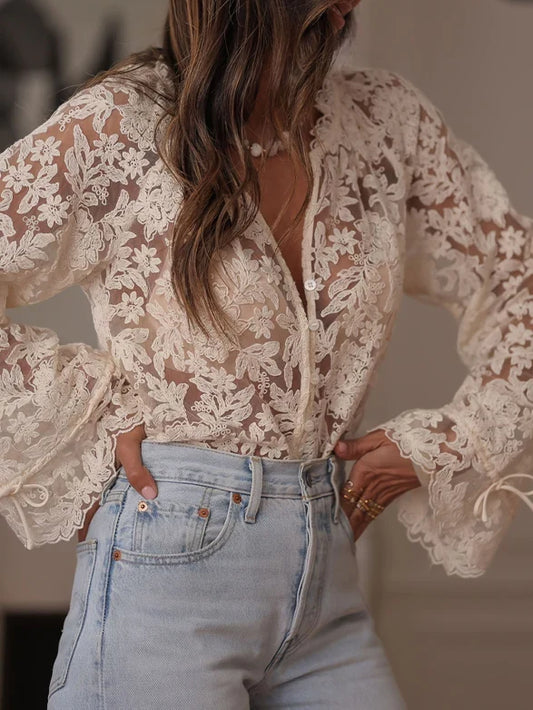 Sheer Lace Blouse – V-Neck Button-Front Flare Cuff