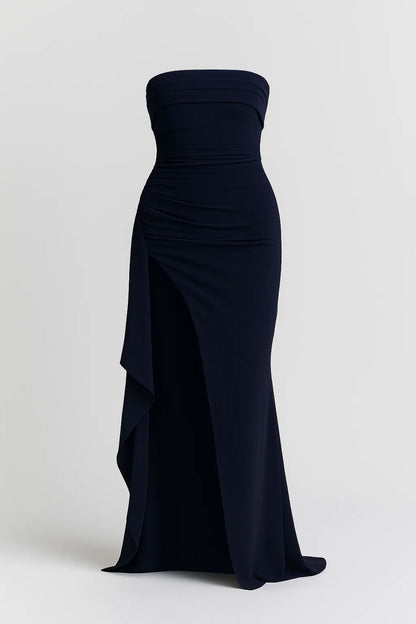 Strapless Ruched Maxi Dress – Bodycon High Slit Formal Gown