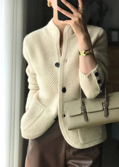 Knit Button Cardigan – Stand Collar Textured Cashmere-Style