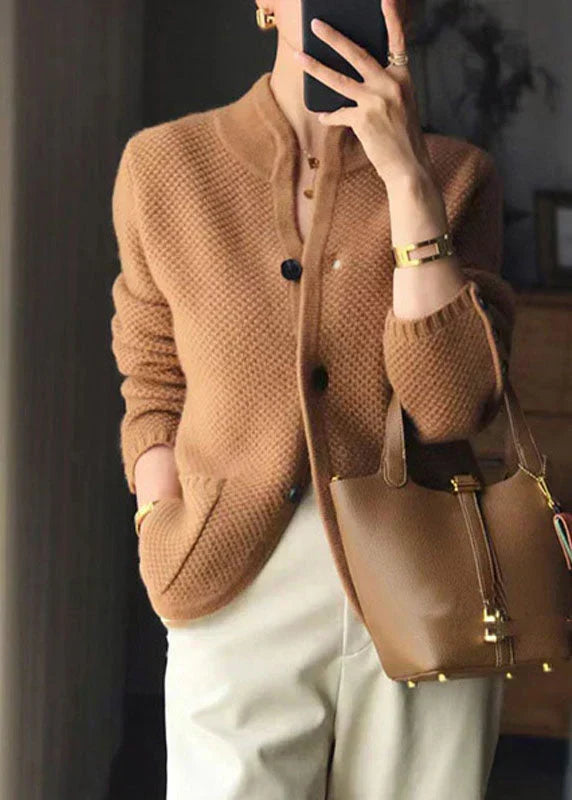 Knit Button Cardigan – Stand Collar Textured Cashmere-Style