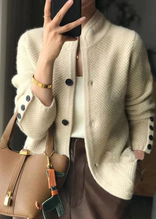 Knit Button Cardigan – Stand Collar Textured Cashmere-Style