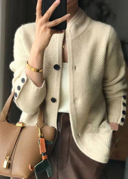 Knit Button Cardigan – Stand Collar Textured Cashmere-Style
