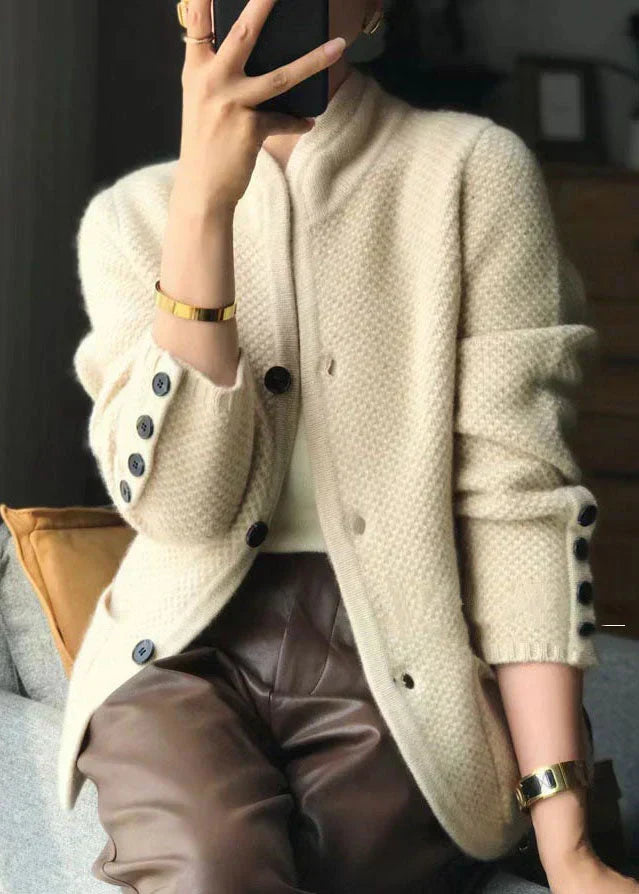 Knit Button Cardigan – Stand Collar Textured Cashmere-Style