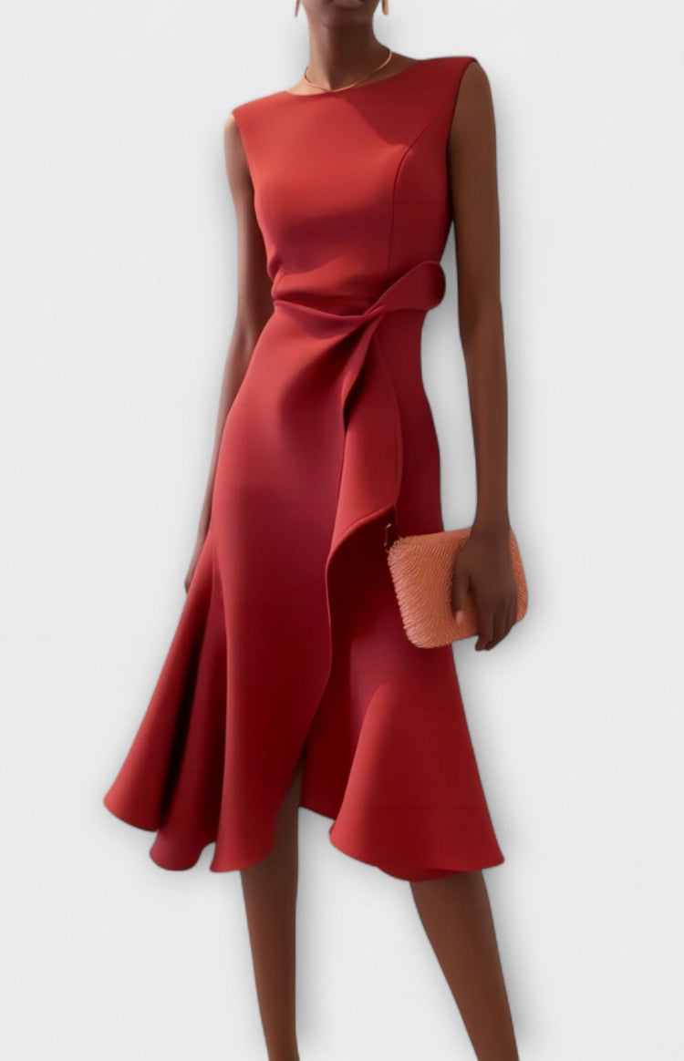 Sleeveless Ruffle Midi Dress – Boat Neck Flounce Hem Evening Dress