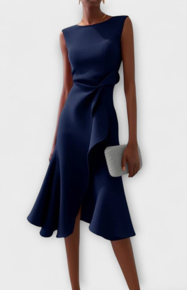 Sleeveless Ruffle Midi Dress – Boat Neck Flounce Hem Evening Dress