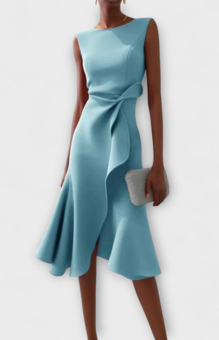 Sleeveless Ruffle Midi Dress – Boat Neck Flounce Hem Evening Dress
