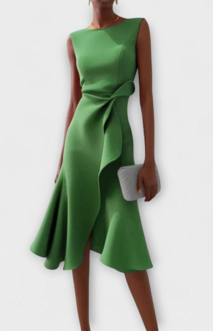 Sleeveless Ruffle Midi Dress – Boat Neck Flounce Hem Evening Dress