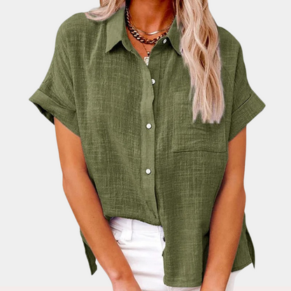 Linen Button-Down Shirt Women – Short Sleeve Relaxed Fit Blouse
