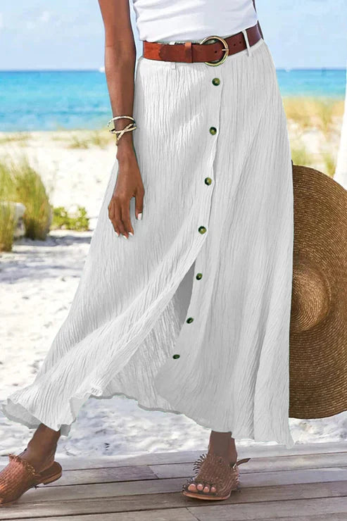 Linen Button-Front Maxi Skirt – Boho Flowy A-Line Summer Skirt