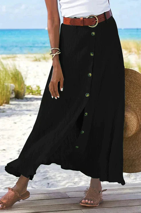 Linen Button-Front Maxi Skirt – Boho Flowy A-Line Summer Skirt