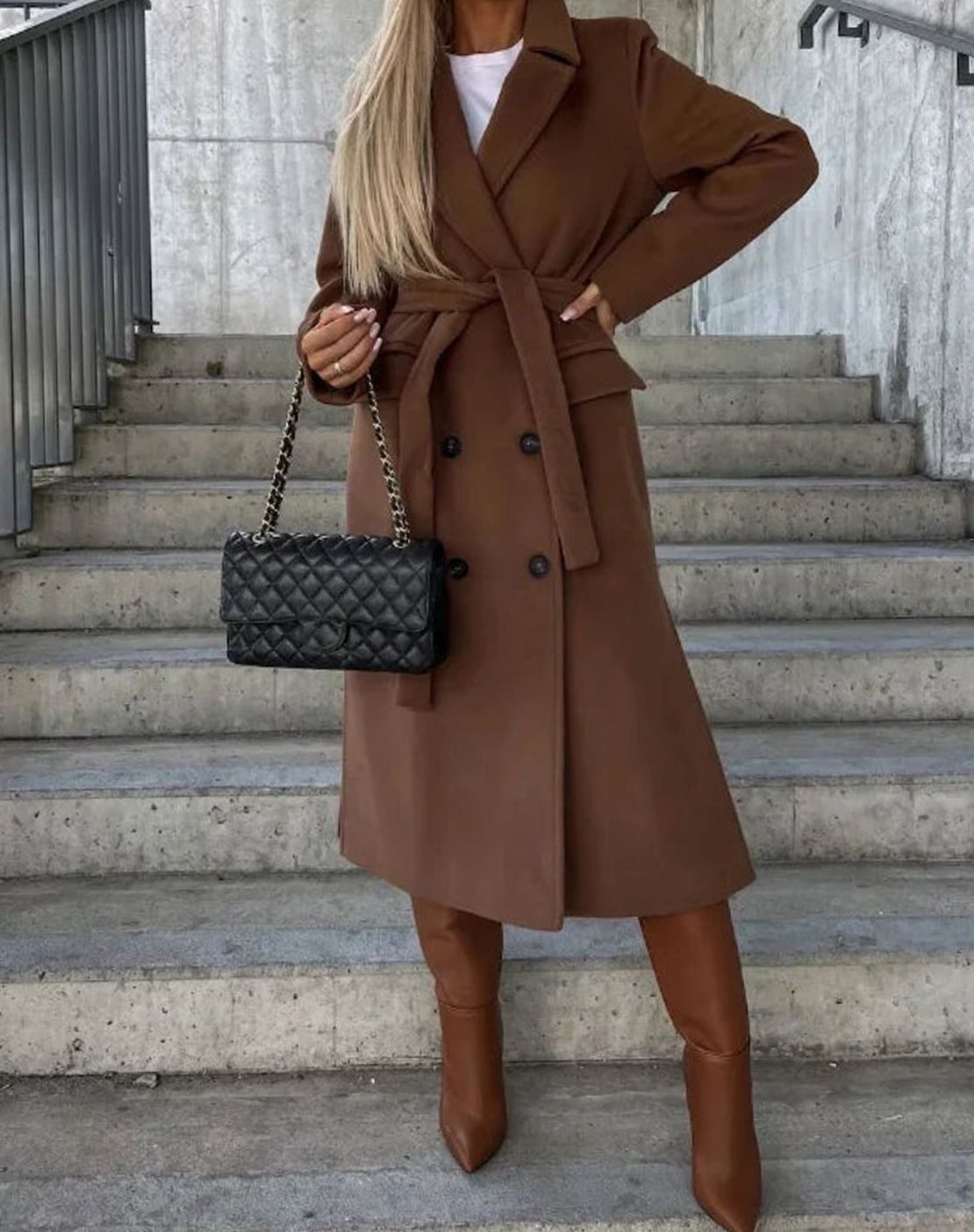 Double Breasted Longline Wool-Feel Coat – Belted Women's Coat