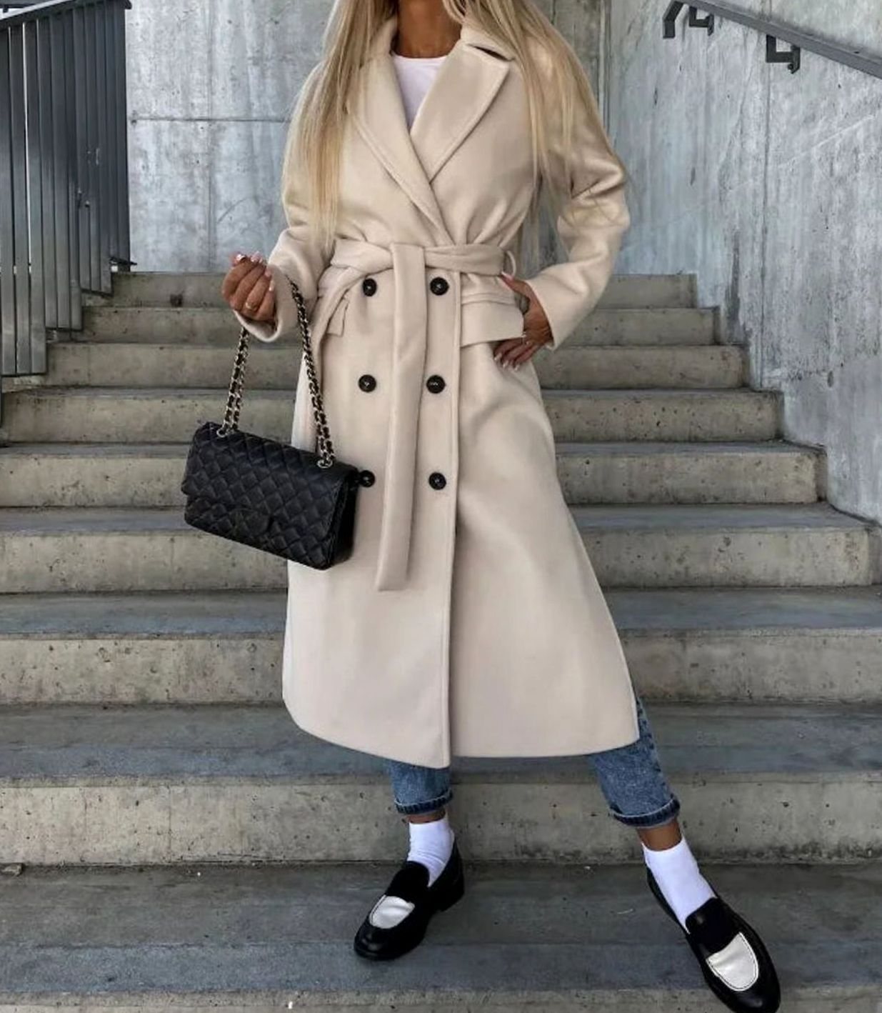 Double Breasted Longline Wool-Feel Coat – Belted Women's Coat