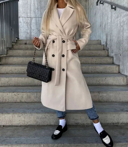 Double Breasted Longline Wool-Feel Coat – Belted Women's Coat
