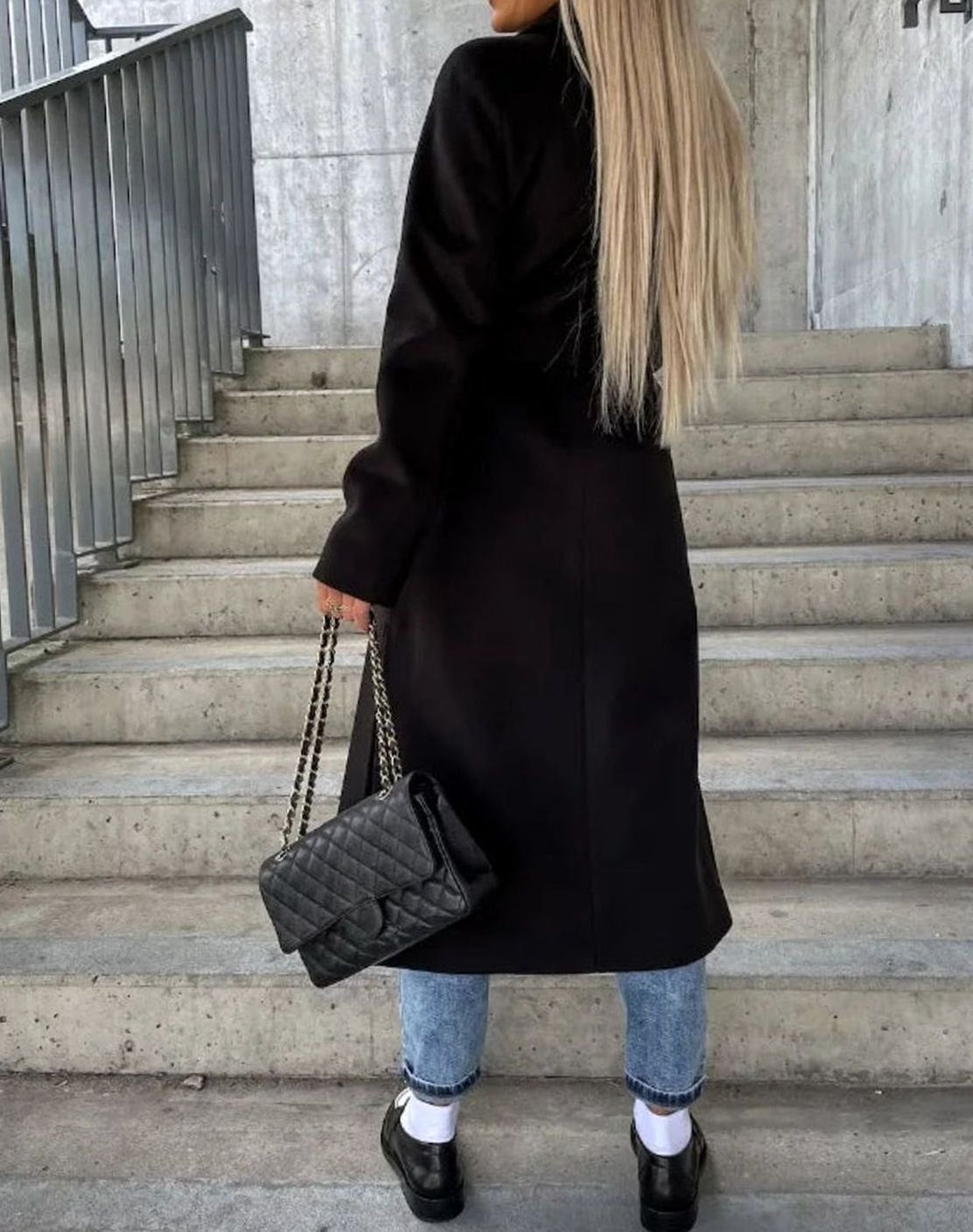 Double Breasted Longline Wool-Feel Coat – Belted Women's Coat