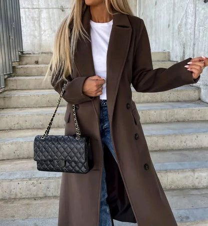 Double Breasted Longline Wool-Feel Coat – Belted Women's Coat