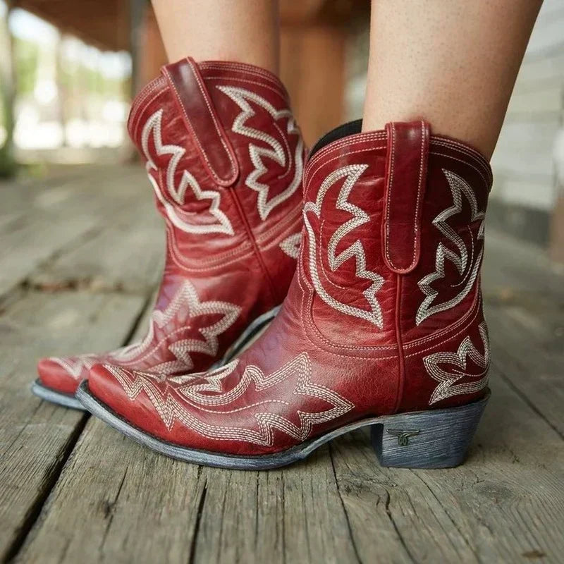 Embroidered Western Ankle Boots – Block Heel Pull-On Cowboy Booties