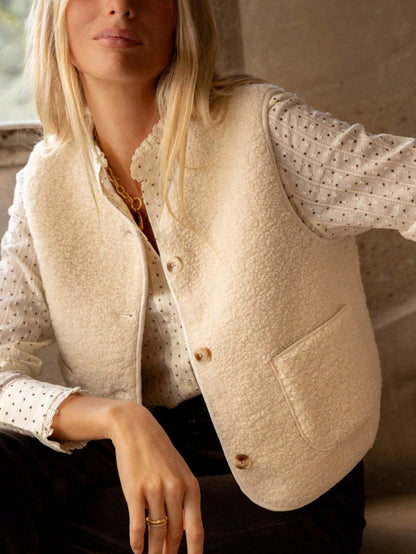 Teddy Fleece Sleeveless Vest – Button-Front V-Neck Two Pockets