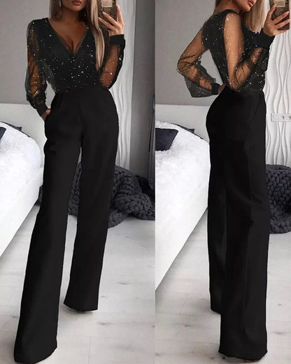 Sequin Mesh Jumpsuit – V-Neck Long Sleeve Wide-Leg Black
