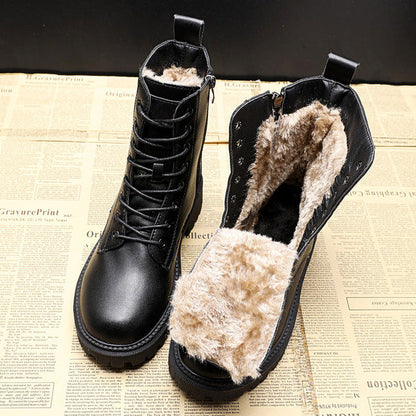 Fur-Lined Combat Boots – Black Faux Leather Lace Up Lug Sole