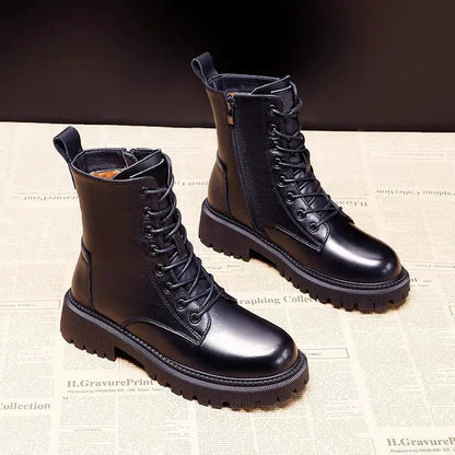 Fur-Lined Combat Boots – Black Faux Leather Lace Up Lug Sole