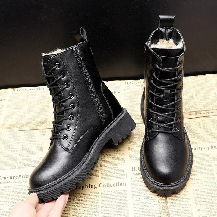Fur-Lined Combat Boots – Black Faux Leather Lace Up Lug Sole