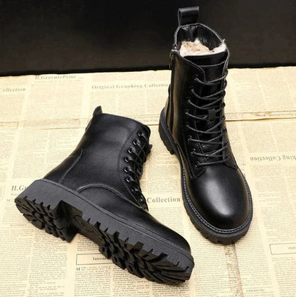 Fur-Lined Combat Boots – Black Faux Leather Lace Up Lug Sole