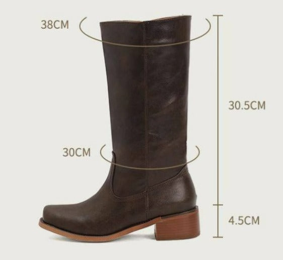 Women's Leather Knee High Boots – Side Zip Block Heel Tall Boot