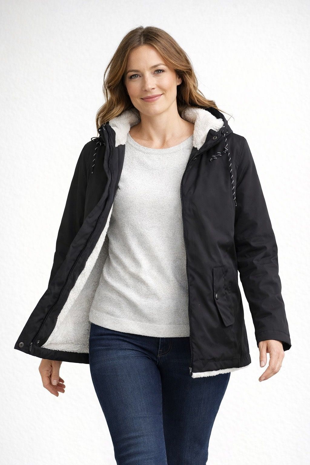 Sherpa-Lined Hooded Parka – Women's Winter Jacket with Snap Placket