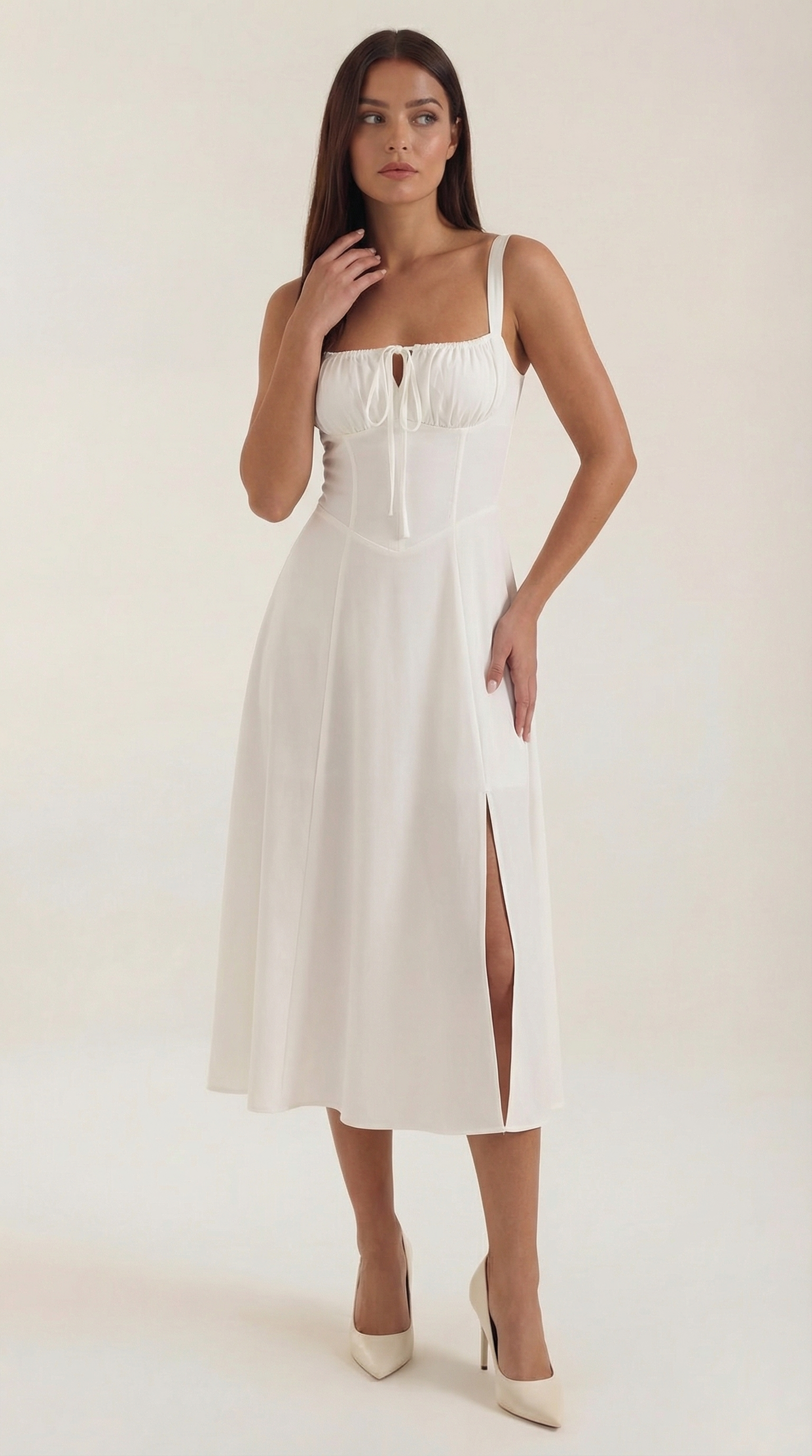 White Midi Dress | Elegant A-Line Design with Lacing 0