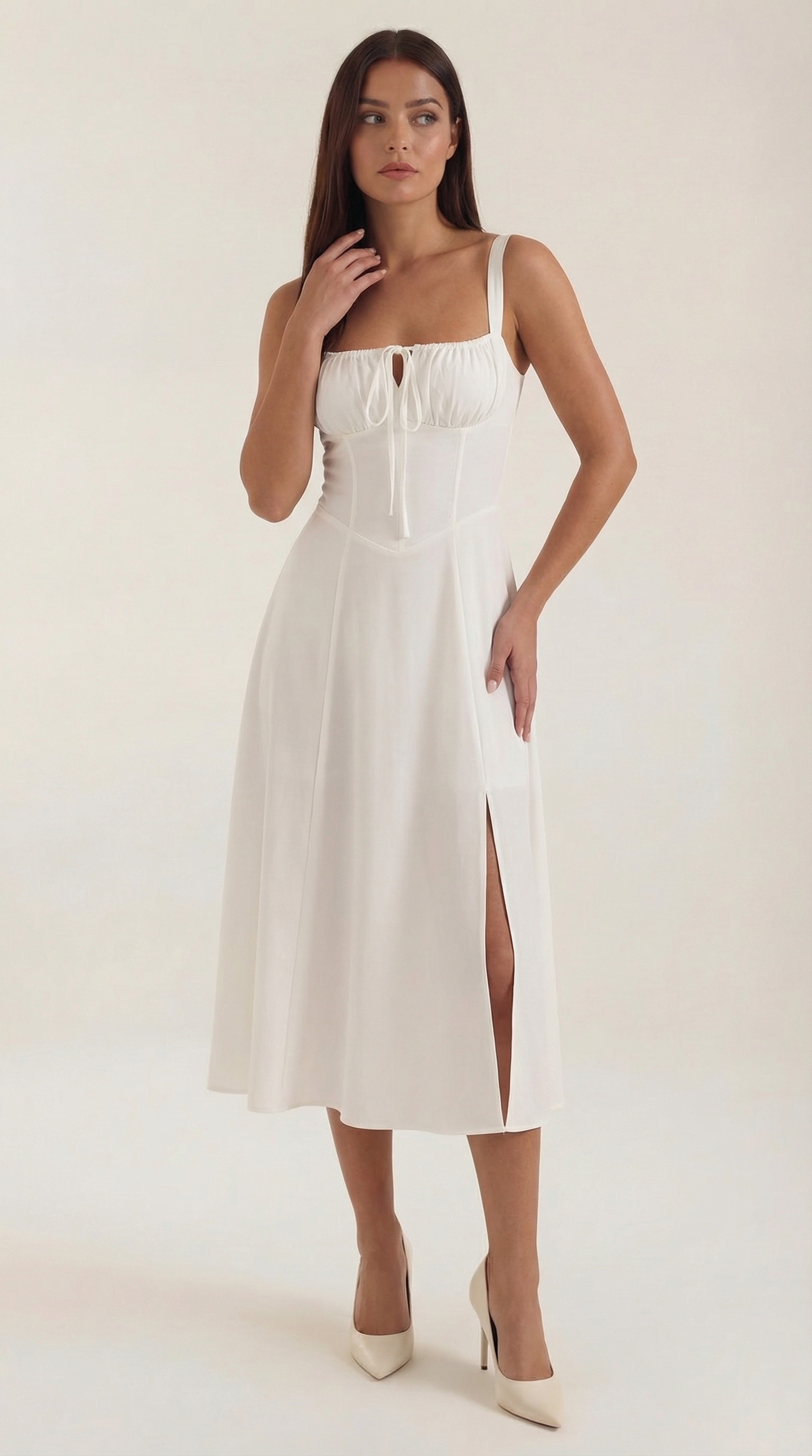 White Midi Dress | Elegant A-Line Design with Lacing 0
