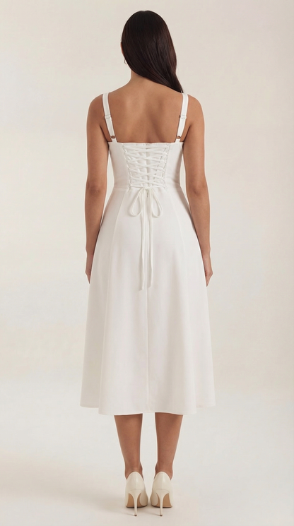 White Midi Dress | Elegant A-Line Design with Lacing 3